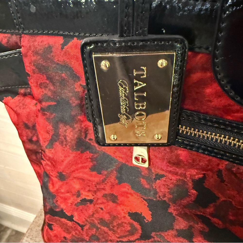 Talbots Black Red Floral Fabric Shoulder Tote Black Faux Patent Leather Trim - Picture 5 of 13